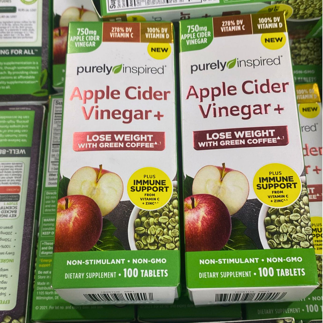 Purely Inspired Apple Cider + Vinegar Lose Weight with Green Coffee Non Stimulant Non Gmo 100 Tablets (50 Pcs Lot)