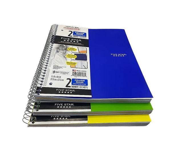 Five Star 2 Subject College Ruled Notebook - Wholesale (24 Pcs Box) - Discount Wholesalers Inc