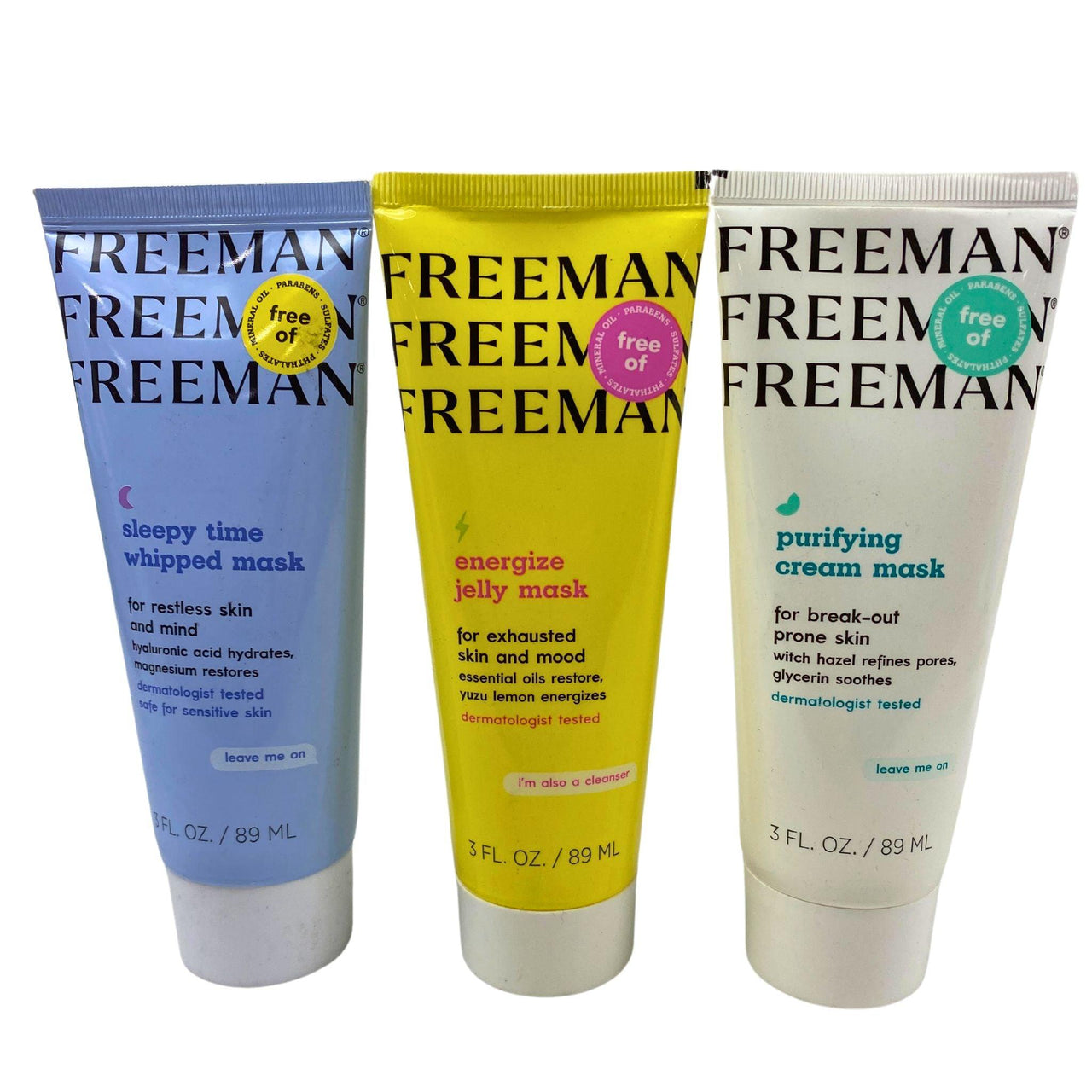 Freeman Assorted, Purifying Cream Mask, Energize Jelly Mask, Sllepy Time Whipped Mask, 3fl.oz (26 Pcs Lot) - Discount Wholesalers Inc