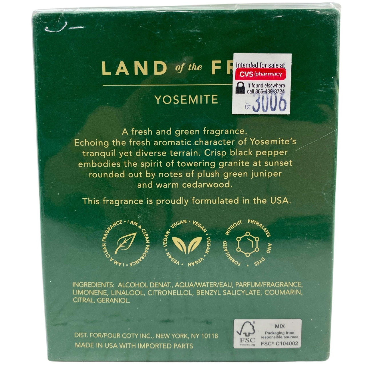 Land Of The Free Yosemite Fresh & Green Notes of Juniper & Cedarwood Eau De Toilette 3.3OZ (35 Pcs Lot) - Discount Wholesalers Inc