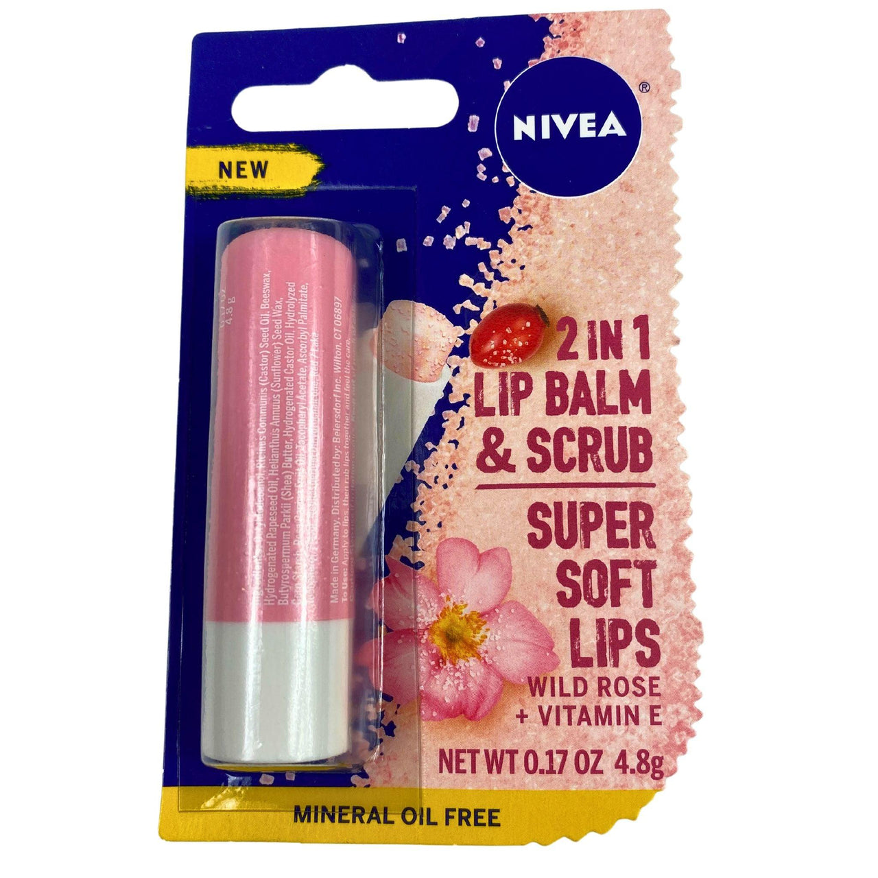 Nivea Lip 2 In 1 Lip Balm & Scrub Wild Rose + Vit E 0.17oz (50 Pcs Lot) - Discount Wholesalers Inc