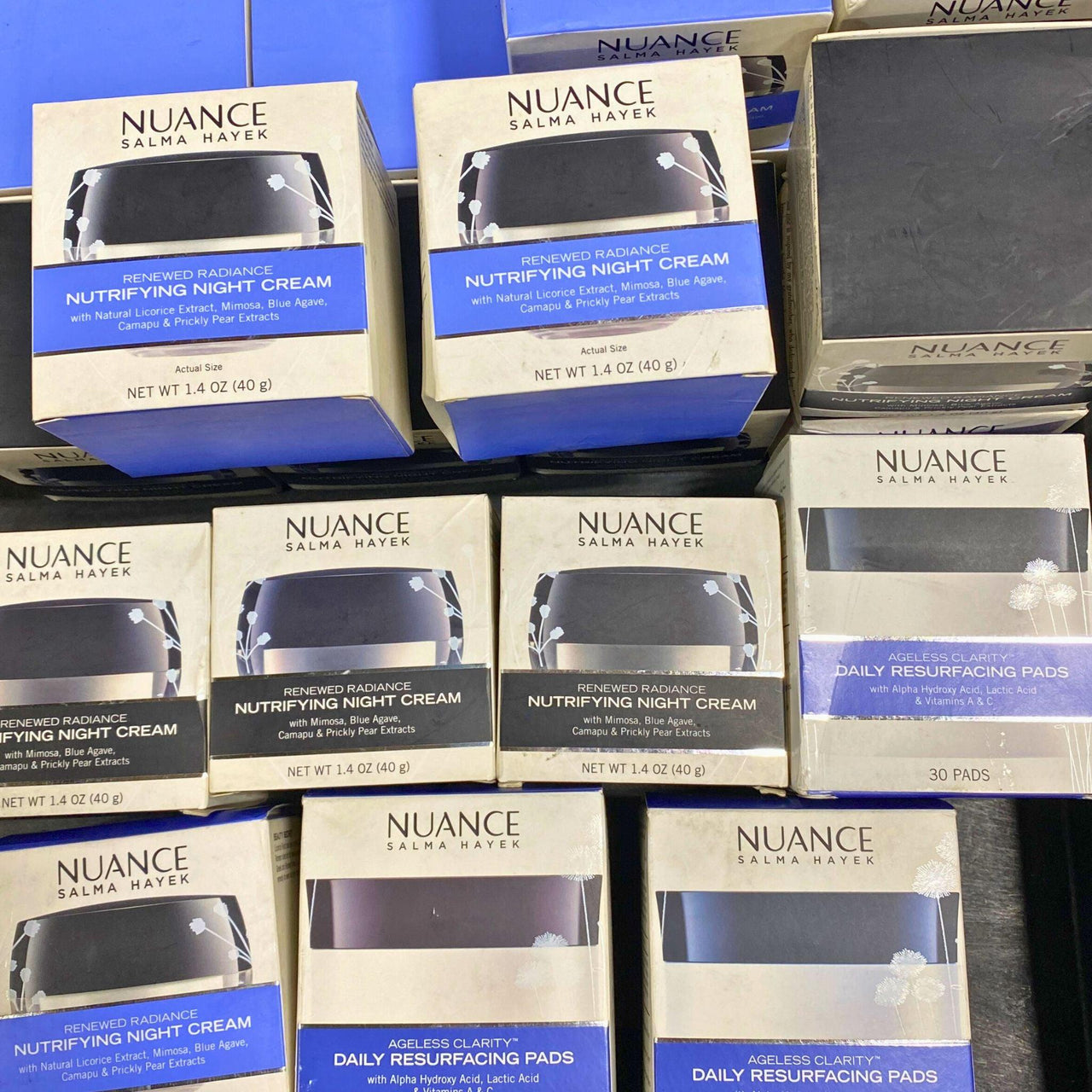 Nuance Salma Hayek Assorted Mix - includes Renewed Radiance Nutrifying Night Cream and Ageless Clarity Daily Resurfacing Pads (20 Pcs Lot) - Discount Wholesalers Inc