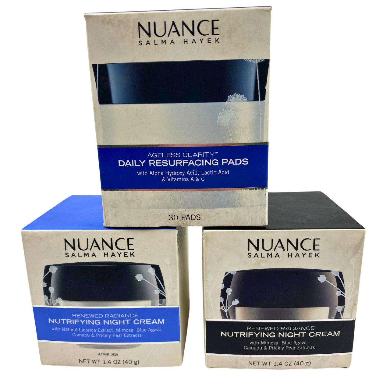 Nuance Salma Hayek Assorted Mix - includes Renewed Radiance Nutrifying Night Cream and Ageless Clarity Daily Resurfacing Pads (20 Pcs Lot) - Discount Wholesalers Inc