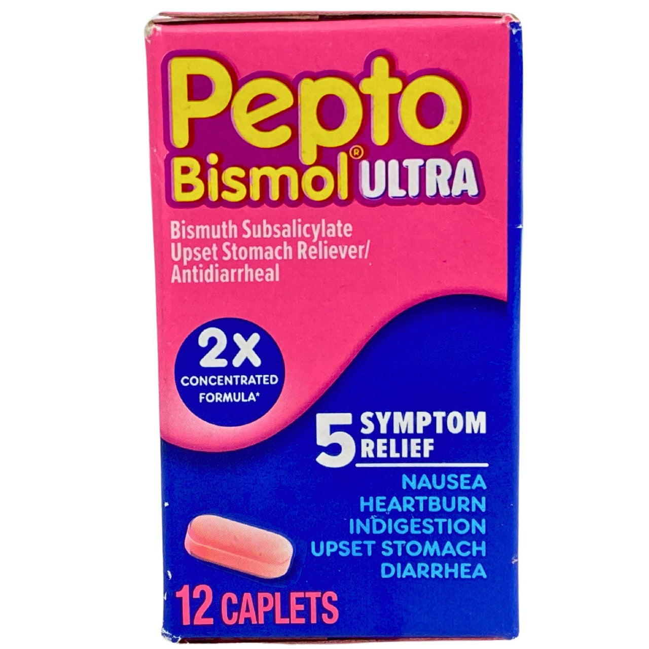 Pepto Bismol Ultra 2x Concentrated Formula 12 Caplets - 5 Symptom Relief Nausea,Heartburn,Indigestion,Upset Stomach & Diarrhea (28 Pcs Lot) - Discount Wholesalers Inc