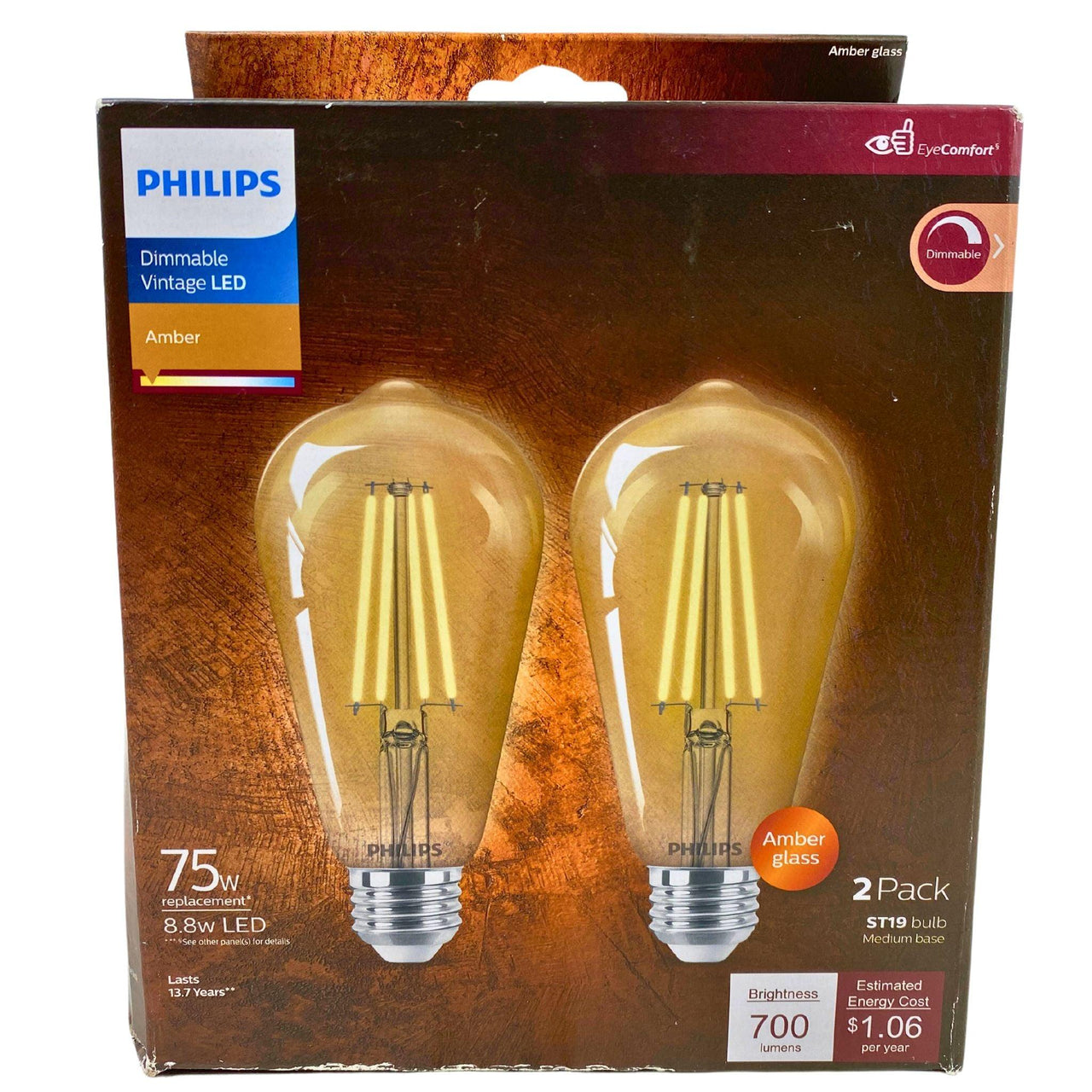 Philips Dimmable Vintage LED Amber 75w 2 pack ST19 bulb Medium Base Brightness (24 Pcs Lot ) - Discount Wholesalers Inc