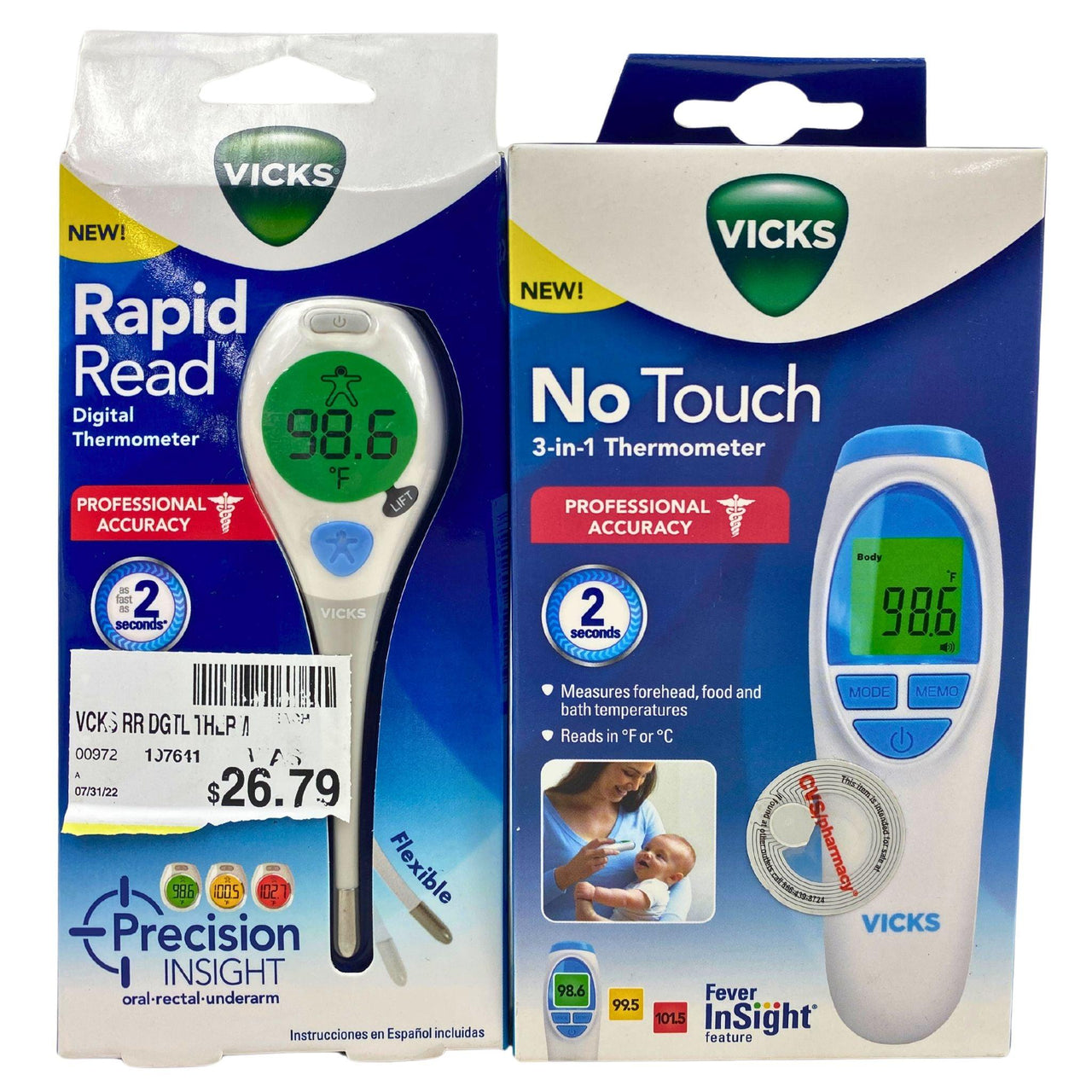 Vicks Thermometers Mix - No Touch 3-in-1 Thermometer & Rapid Read Digital Thermometer (55 Pcs Lot) - Discount Wholesalers Inc